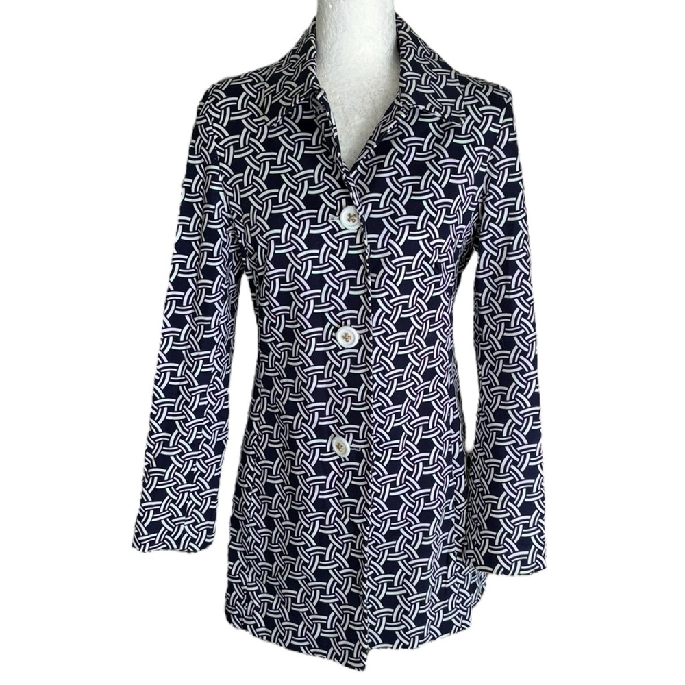 Skirtin Around Navy Blue White Geometric Print Button Midi Blazer Jacket - 10